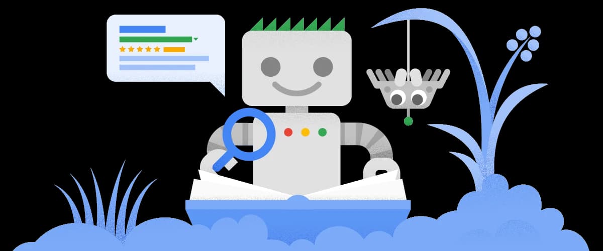 Googlebot crawling a garden of search results, illustrating how Google indexes content for AI Overviews