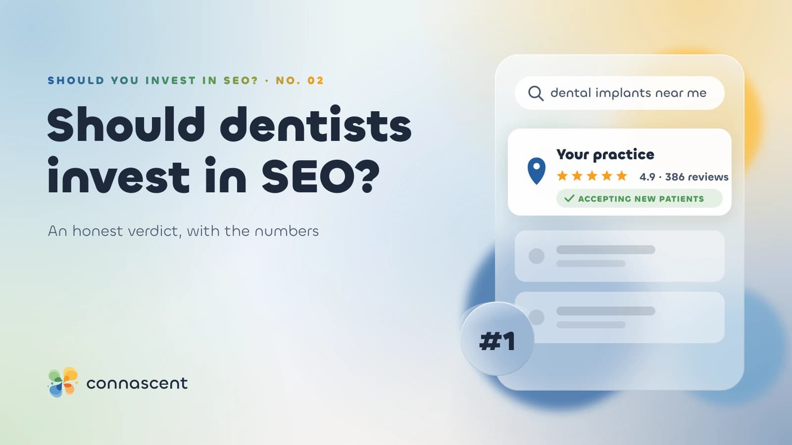 Una ricerca locale su Google per dental implants near me con uno studio dentistico al primo posto, 4,9 stelle da 386 recensioni e il badge «Accetta nuovi pazienti»