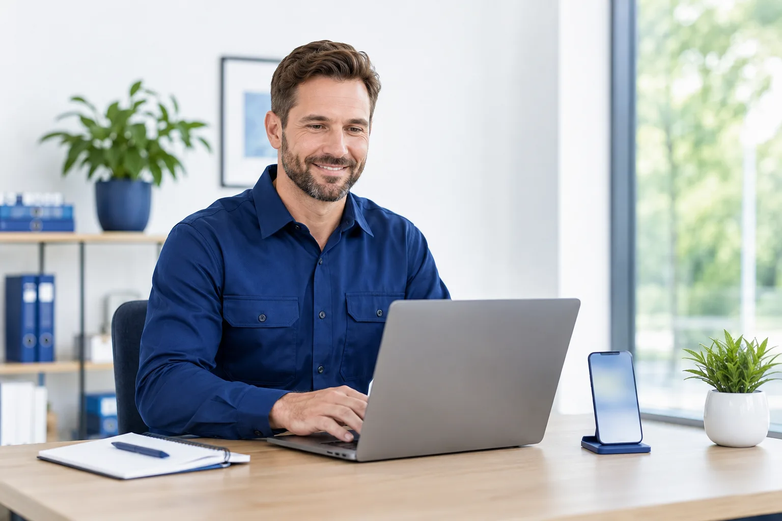 Plumber reviewing a fast, mobile-friendly website on a laptop