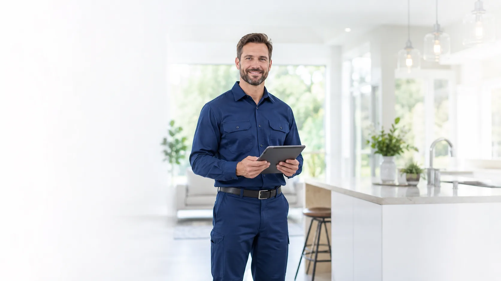 Plumbing service technician in a bright modern kitchen