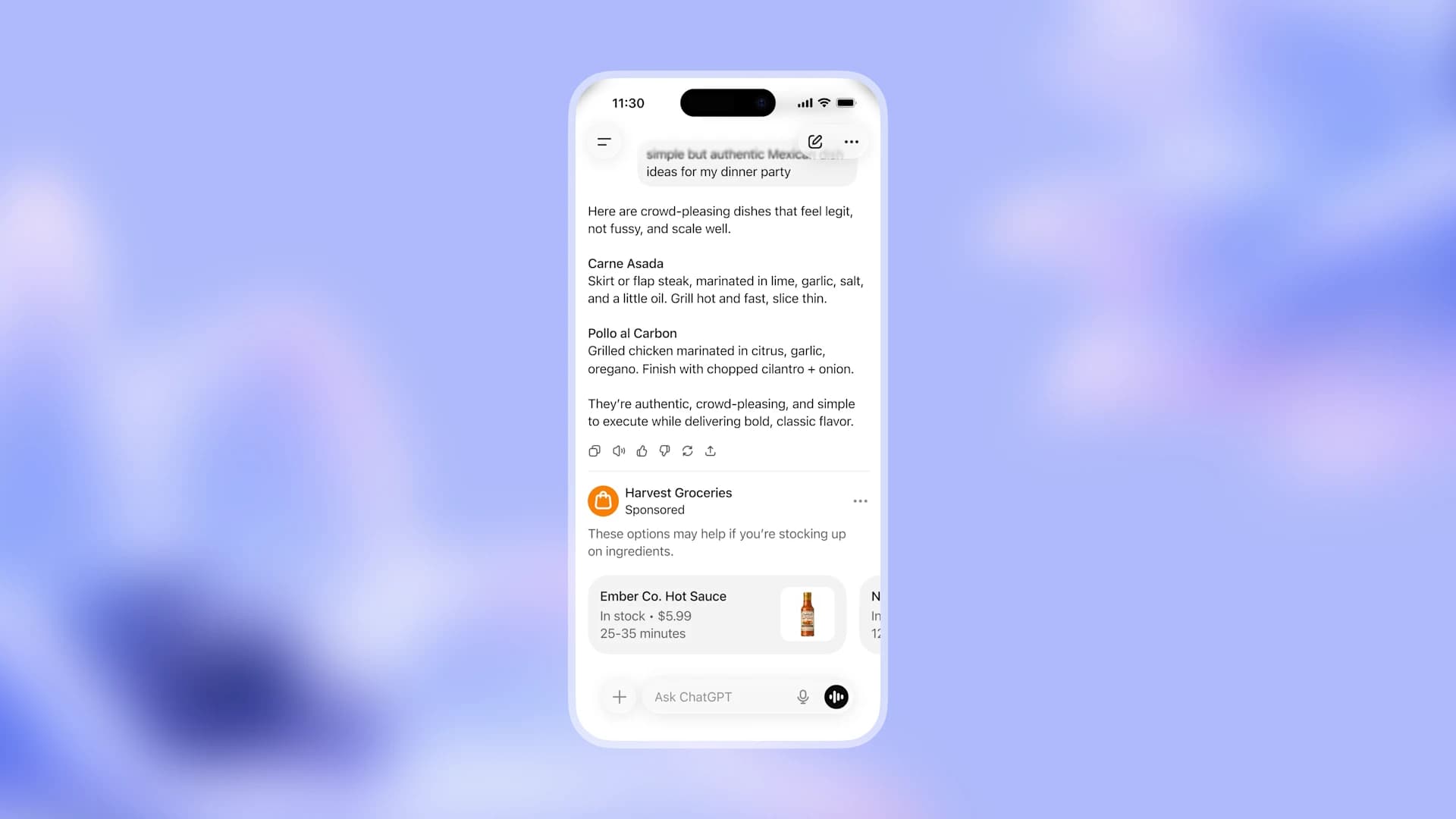 ChatGPT conversation with travel query and sponsored listing