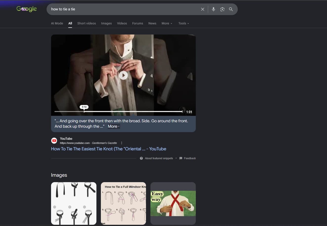 Rezultate Google për how to tie a tie me një fragment të veçuar video që luhet brenda faqes nga YouTube, transkripti i folur i cituar poshtë dhe shiriti i kohës i ndalur në sekondën 14 Rezultate Google për how to tie a tie me një fragment të veçuar video që luhet brenda faqes nga YouTube, transkripti i folur i cituar poshtë dhe shiriti i kohës i ndalur në sekondën 14
