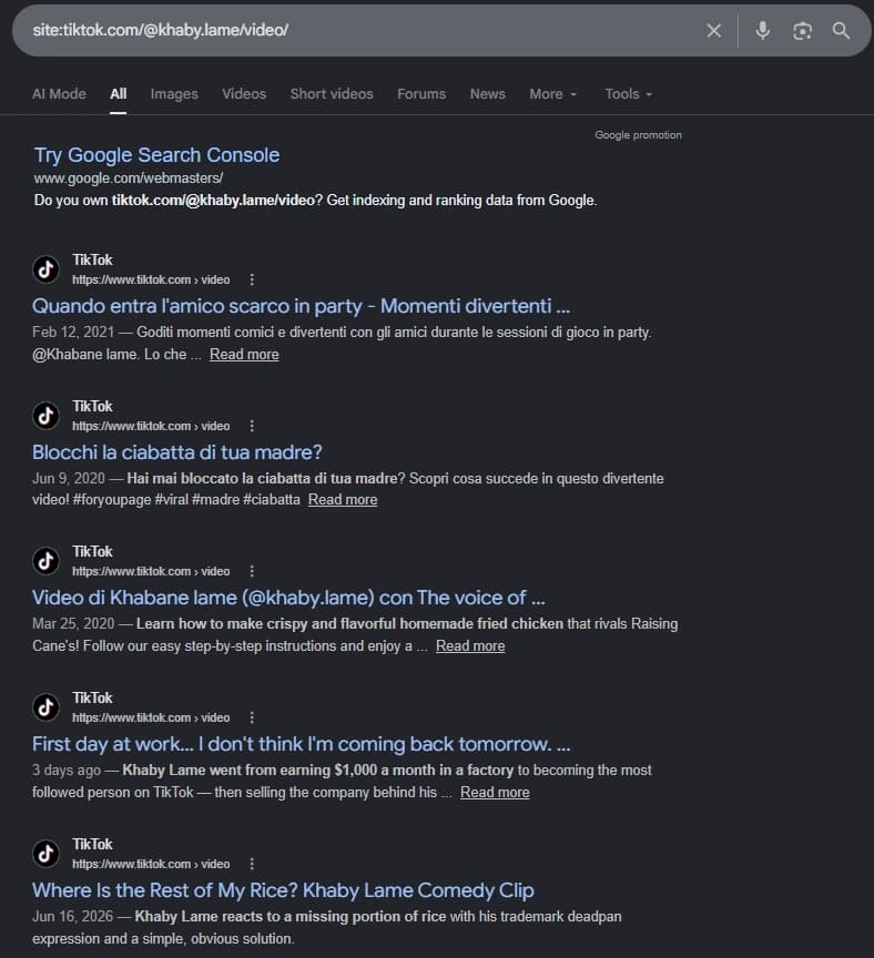 Rezultate Google për site:tiktok.com/@khaby.lame/video që tregojnë tri sjellje të ndryshme titulli: përshkrimi i përdorur drejtpërdrejt, shablloni i TikTokut dhe një rishkrim i Google Rezultate Google për site:tiktok.com/@khaby.lame/video që tregojnë tri sjellje të ndryshme titulli: përshkrimi i përdorur drejtpërdrejt, shablloni i TikTokut dhe një rishkrim i Google
