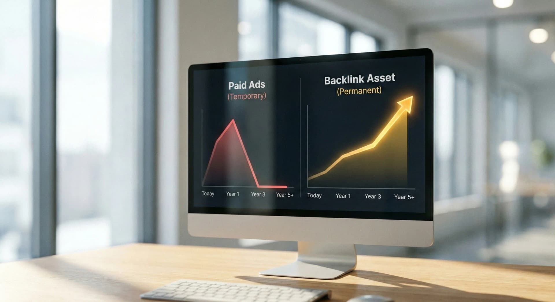 Grafik duke krahasuar vlerën afatgjatë të rritjes së backlinks nga investimi SEO off-page i Connascent